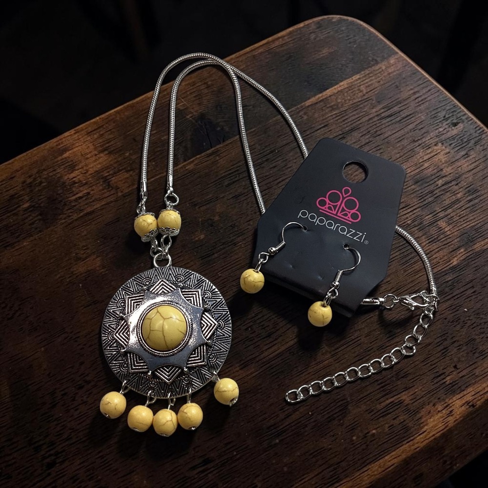 Paparazzi Yellow Faux Stone Sunburst Pendant Necklace and Earrings Set Silver